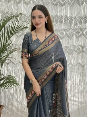 Zari Jacquard Work Grey Cotton Saree For Party Wear