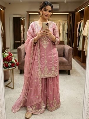 Zmy Silk Pink Colour Moti Work Sharara Suit